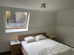 ein Schlafzimmer mit einem Bett mit zwei Kissen und einem Fenster in der Unterkunft Casa Vista Verde in De Panne