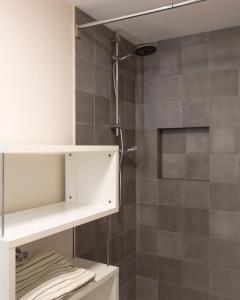 Relais Flora Arzo Appartamento superior di vacanza con posteggio في منديريسو: حمام مع دش مع خزانة بيضاء ودش