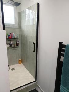 a shower with a glass door in a bathroom at Appart. 3ch - 6mn de la plage de Bonne Grâce in La Seyne-sur-Mer