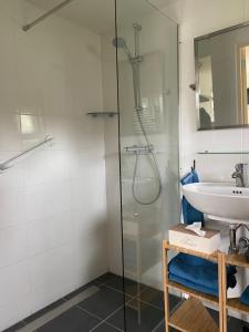 een badkamer met een douche en een wastafel bij Appartement Zandwerven 23 in Spanbroek