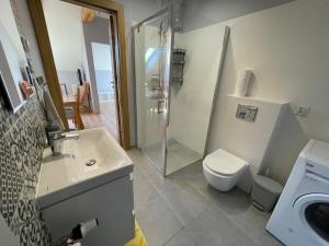 兹邦申Apartament_Zbąszyń的带淋浴、马桶和水槽的浴室 更多10张照片