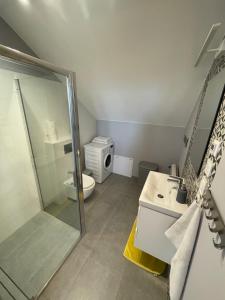兹邦申Apartament_Zbąszyń的带淋浴、水槽和马桶的浴室