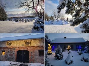 four pictures of a house with christmas lights in the snow at Gęsia Sielanka in Olecko