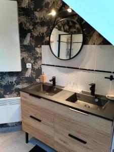 a bathroom with a sink and a mirror at CHEZ HÉLÈNE in Saint-Coulomb