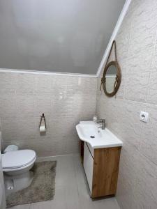 a bathroom with a sink and a toilet and a mirror at Коттедж на берегу Иссык-Куля in Cholpon-Ata