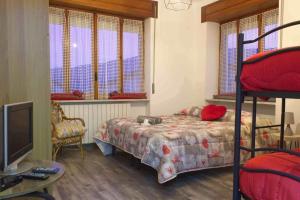 Schlafzimmer mit einem Bett, einem TV und Fenstern in der Unterkunft B&b da Teresa in Castelsaraceno