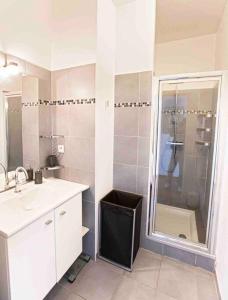La salle de bains est pourvue d'une douche, d'un lavabo et d'un miroir. dans l'établissement Proche Panier, appartement cosy vue mer, à Marseille