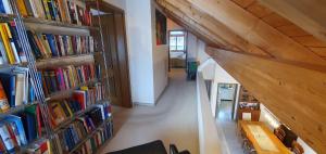 a room with bookshelves filled with books at HeidiHoliday geräumige Maisonette-Attica, Sauna & Panoramaterrasse - aufgewertet 2023 in Jenins