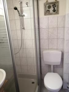 een badkamer met een douche, een toilet en een wastafel bij Ferienwohnung auf Rügen in Putbus