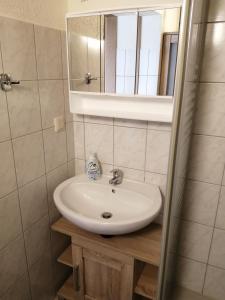een badkamer met een witte wastafel en een spiegel bij Ferienwohnung auf Rügen in Putbus