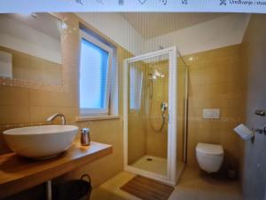 a bathroom with a sink and a shower and a toilet at Apartmani Val in Pula