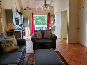 a living room with two couches and a kitchen at The Cottage at Villa Indigo in Charlotte Amalie