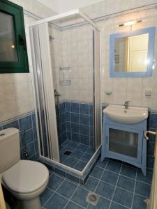 a bathroom with a shower and a toilet and a sink at Dafni (2 bedrooms, sleeps 4) in Sami