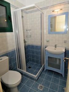 a bathroom with a shower and a toilet and a sink at Dafni (2 bedrooms, sleeps 4) in Sami