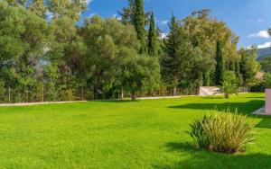 a large yard with green grass and trees at Dafni (2 bedrooms, sleeps 4) in Sami
