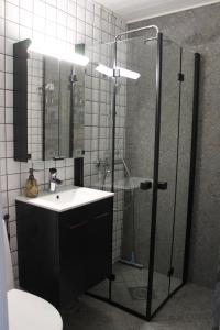 a bathroom with a shower with a sink and a shower at Hieno kaksio keskustassa rauhallisella alueella in Lovisa +8 photos