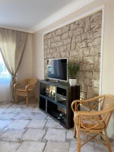 a living room with a tv on a stone wall at Griechischer Palast in Rabenau