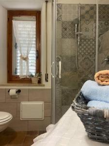 ein Bad mit einer Dusche, einem WC und Handtüchern in der Unterkunft Su Murcone Appartamento Baunei in Baunei