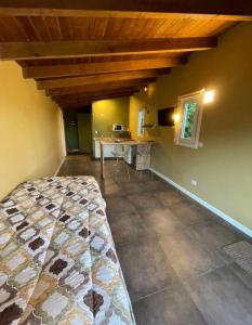 a bedroom with a bed and a kitchen in a room at Maiten Apartamentos in San Carlos de Bariloche