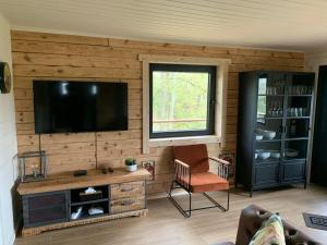 a living room with a television and a chair at Gites Douillets for the Family in Houyet