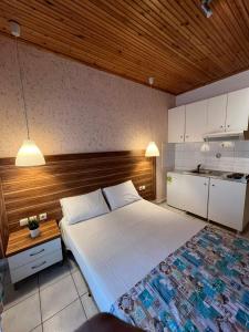 a bedroom with a large bed and a kitchen at Sun Helios Garden Aparthotel in Limenas