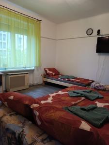1 dormitorio con 2 camas y ventana en Szava Angel, en Budapest