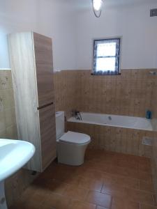 a bathroom with a toilet and a tub and a sink at Chez Xavier in Monacia-dʼAullène