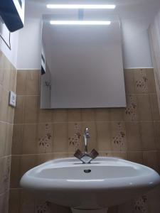 a white sink in a bathroom with a mirror at Chez Xavier in Monacia-dʼAullène