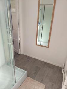 La salle de bains est pourvue d'une douche et d'un miroir. dans l'établissement Le hygge, à Boulogne-sur-Mer