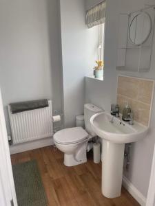 a white bathroom with a toilet and a sink at Number 1 Longstone Court in Haverfordwest