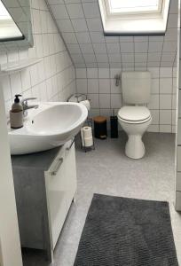 La salle de bains est pourvue d'un lavabo blanc et de toilettes. dans l'établissement CITYNA Apartment Bielefeld, à Bielefeld