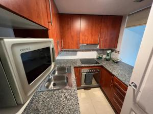 una pequeña cocina con fregadero y microondas en La Bovila Apartment with exceptional yard, en Platja d'Aro