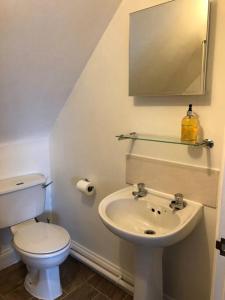 a bathroom with a toilet and a sink and a mirror at Stunning Apartment In The Heart of Broadway in Broadway