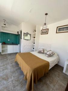 a bedroom with a large bed and a kitchen at Casa Alvarado Hostel in Salta