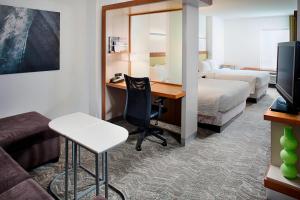 サバンナにあるスプリングヒル スイーツ バイ マリオット サバンナ ダウンタウン ヒストリック ディストリクトのデスクとベッドが備わるホテルルームです。