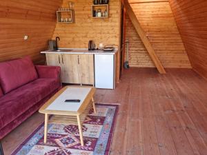 un soggiorno con divano e tavolo in una cabina di Cabins Tvishi Near Khvamli Mountain a Tvishi
