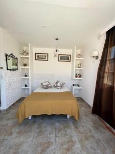 a bedroom with a bed and a tv and shelves at Casa Alvarado Hostel in Salta