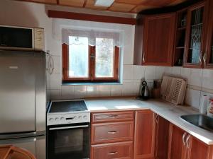 a kitchen with wooden cabinets and a stove top oven at Chata se zahradou in Týnec nad Labem