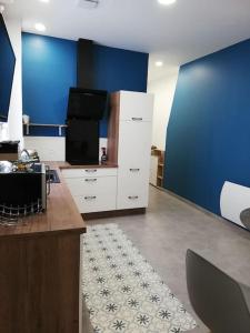 uma sala de estar com televisão e uma parede azul em Bel appartement cœur de Grenoble tout équipé em Grenoble
