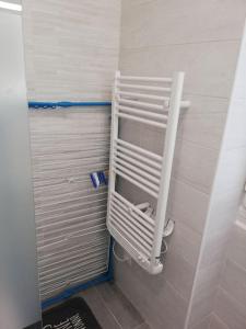 uma casa de banho com um toalheiro branco na parede em Bel appartement cœur de Grenoble tout équipé em Grenoble