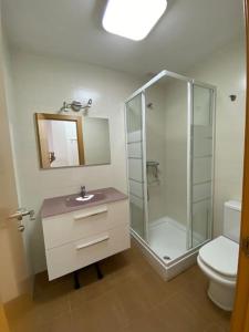 een badkamer met een douche, een wastafel en een toilet bij Estudio en Solares, Cantabria in Solares
