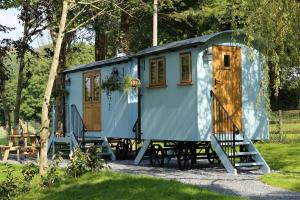 a blue tiny house with a wooden door at Upper Gelli Luxury Holiday Lodge, Converted Dairy & Cosy Shepherds Huts in Welshpool