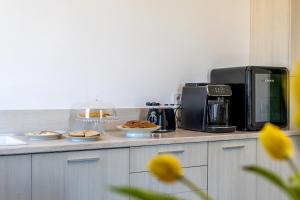 una cocina con encimera con microondas y algunos alimentos en B&B Green Eyes, en Civitanova Marche 16 fotos más