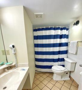 La salle de bains est pourvue d'un rideau de douche bleu et blanc et de toilettes. dans l'établissement Ocean Side Inn Studios, à Daytona Beach