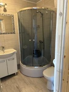 a bathroom with a shower and a toilet and a sink at Domki Milka in Ustka +19 photos