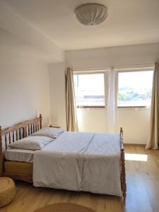 a bedroom with a large bed and two windows at Appartement de charme Chez Soa in Antananarivo