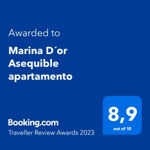 uma caixa de texto azul com as palavras indicadas na marina d ou em Marina D´or Asequible apartamento em Oropesa del Mar