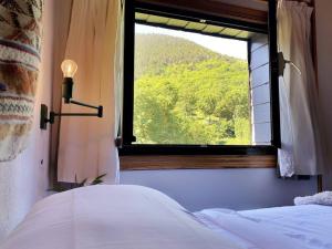 a bedroom with a window with a view of a mountain at Dúplex abuhardillado con vistas y parking in Vielha
