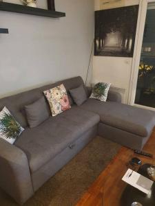 un sofá gris en una sala de estar con mesa en superbe appartement, en Châtillon