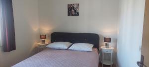 a bedroom with a bed with two pillows and two lamps at Apartments Donadic I, Caska in Novalja